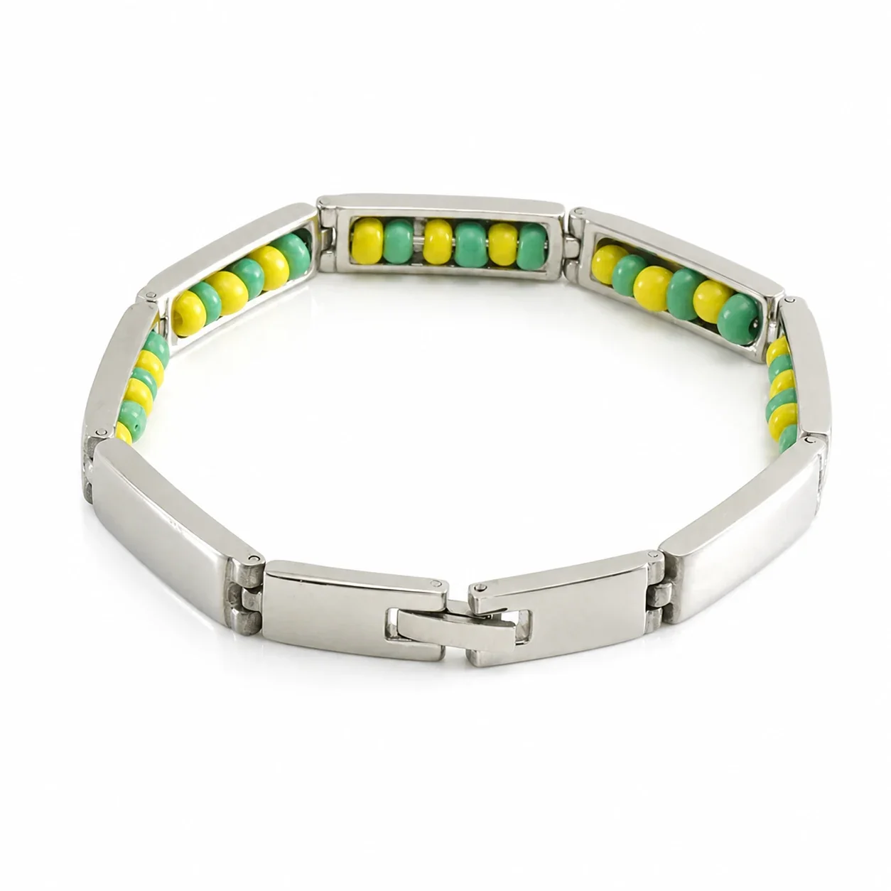 Sleek Stainless Steel Rectangular Link Bead Bracelet - Silver