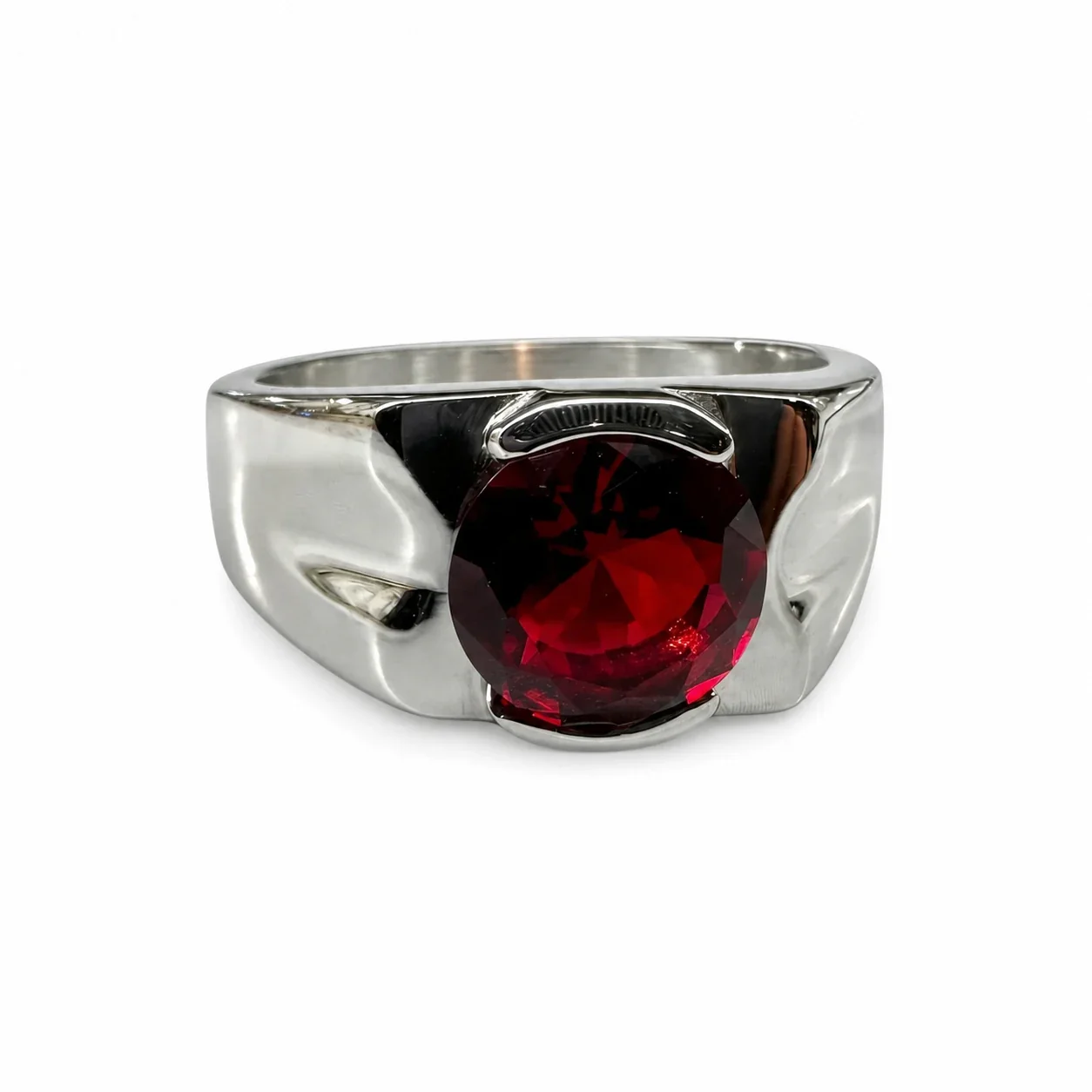 Sculptural 316 Stainless Steel Round-Cut Signet Ring - Red