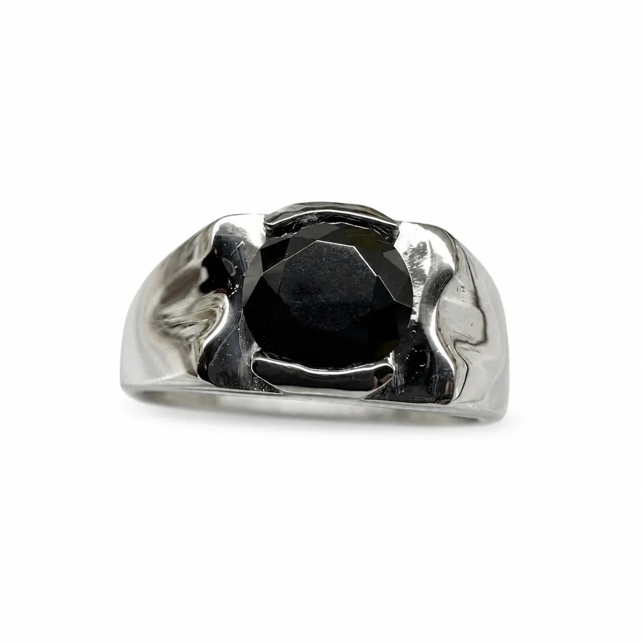 Sculptural 316 Stainless Steel Round-Cut Signet Ring - Black