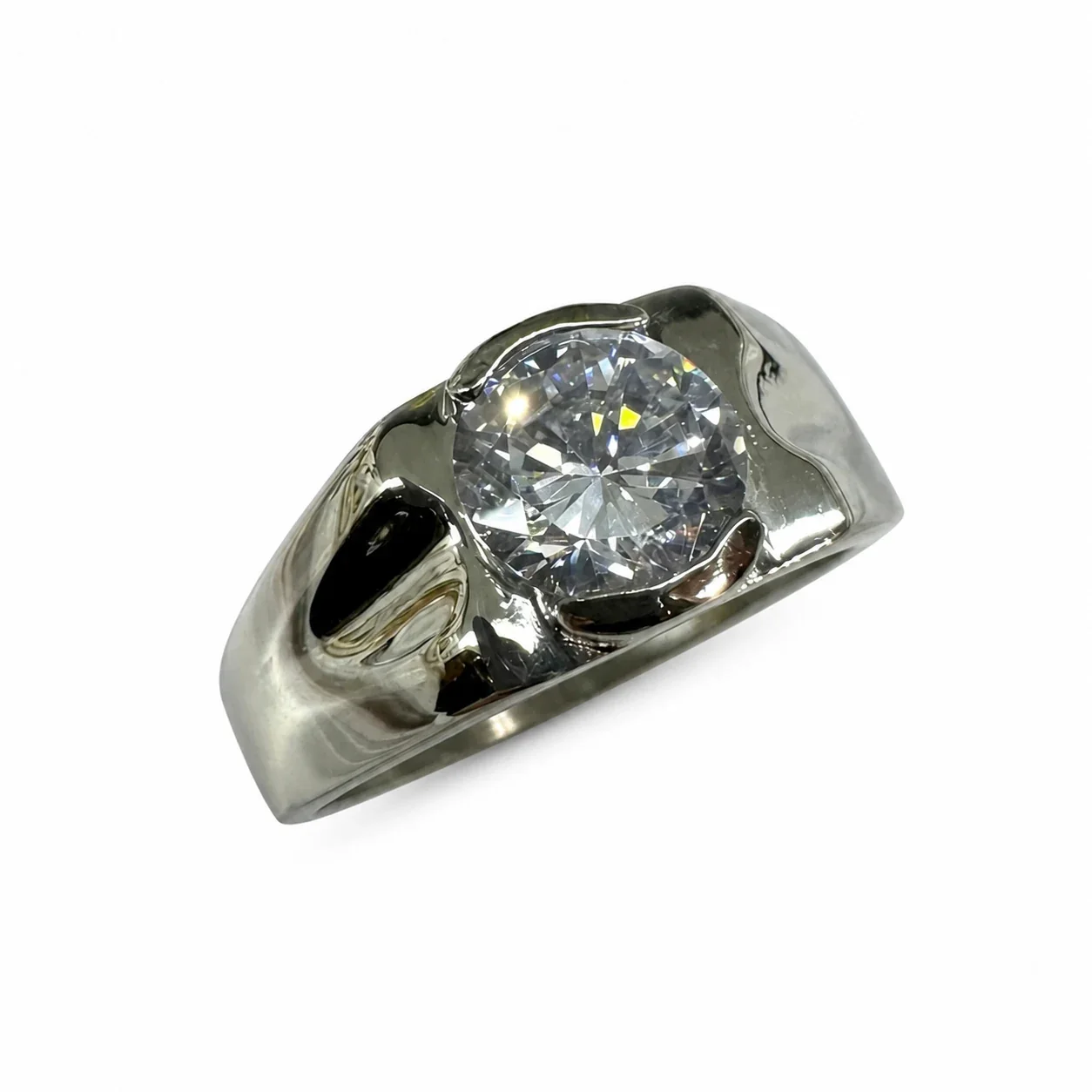 Sculptural 316 Stainless Steel Round-Cut Signet Ring - Clear