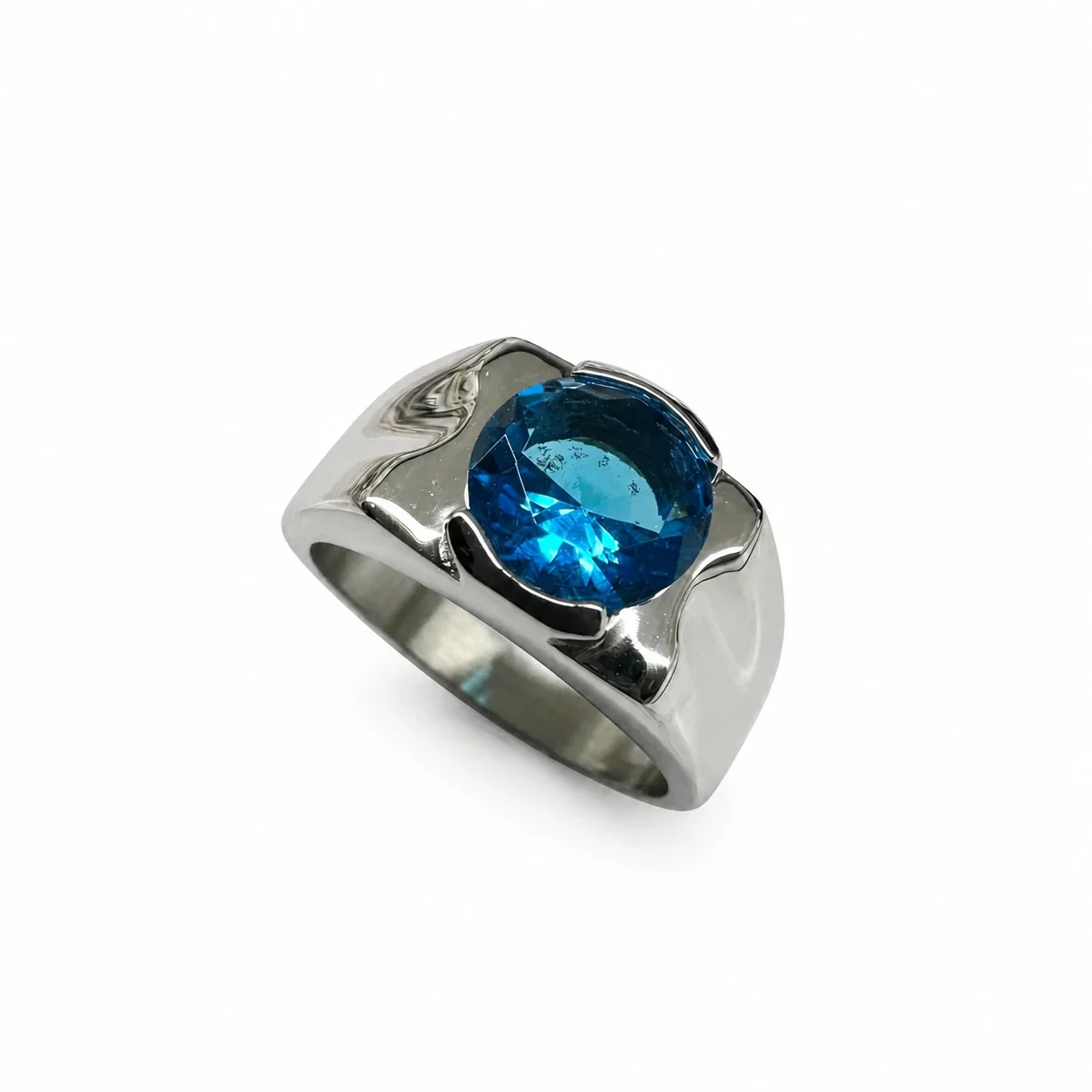 Sculptural 316 Stainless Steel Round-Cut Signet Ring - Sky Blue