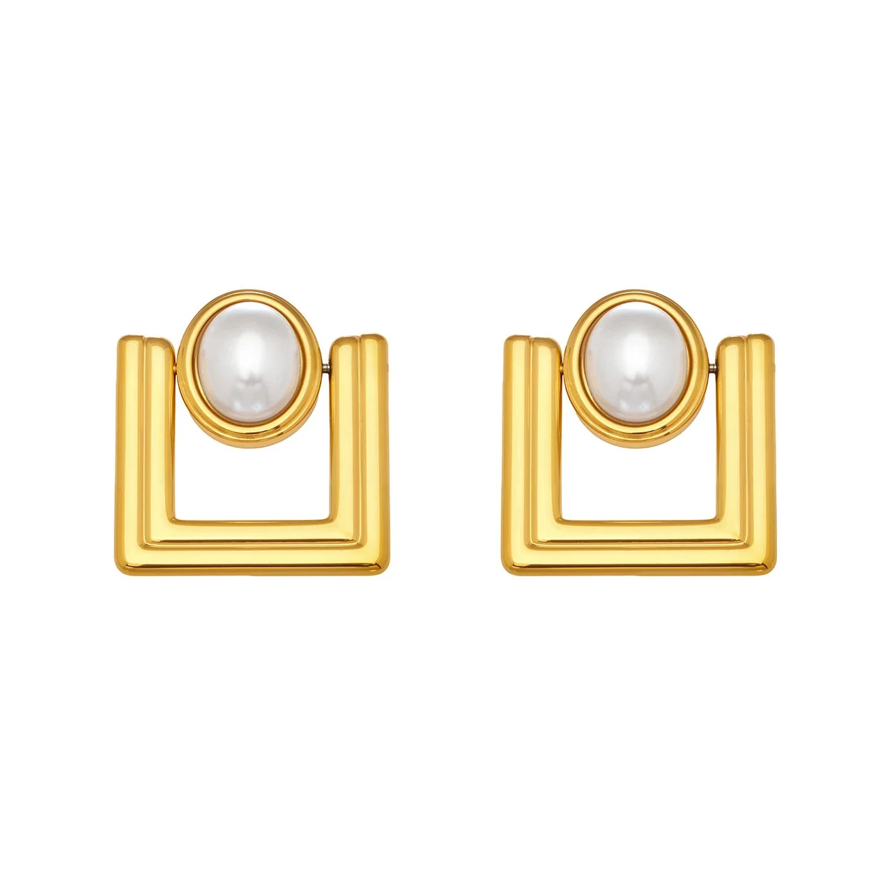 Architectural Gold PVD 316L Stainless Steel Pearl Square Stud Earrings