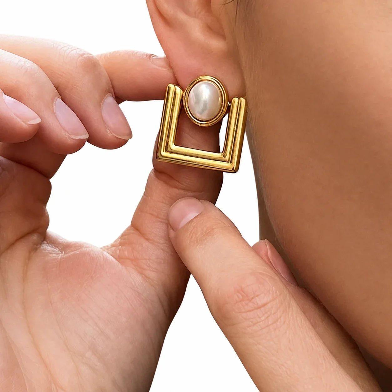 Architectural Gold-Plated 316L Pearl Square Stud Earrings