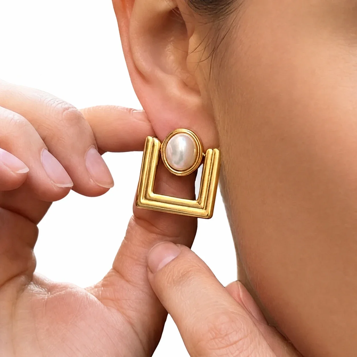 Architectural Gold-Plated 316L Pearl Square Stud Earrings