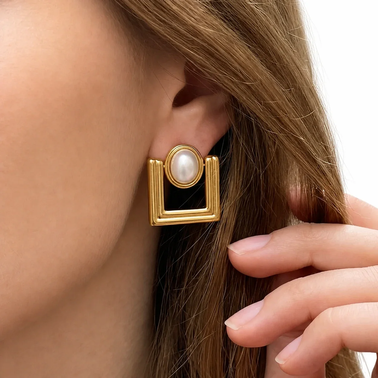 Architectural Gold-Plated 316L Pearl Square Stud Earrings