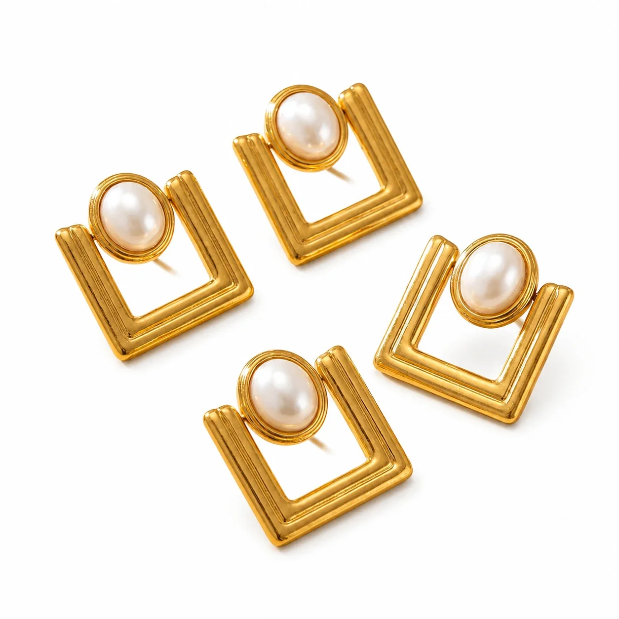 Architectural Gold-Plated 316L Pearl Square Stud Earrings