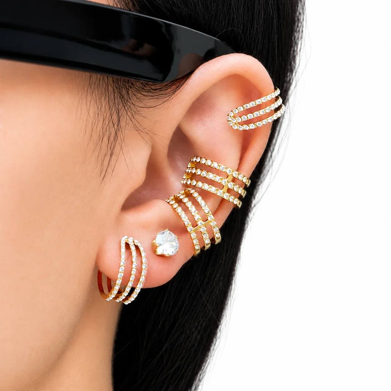 Ear Cuff Triple-Row Cubic Zirconia 18K Gold-Plated Stainless Steel