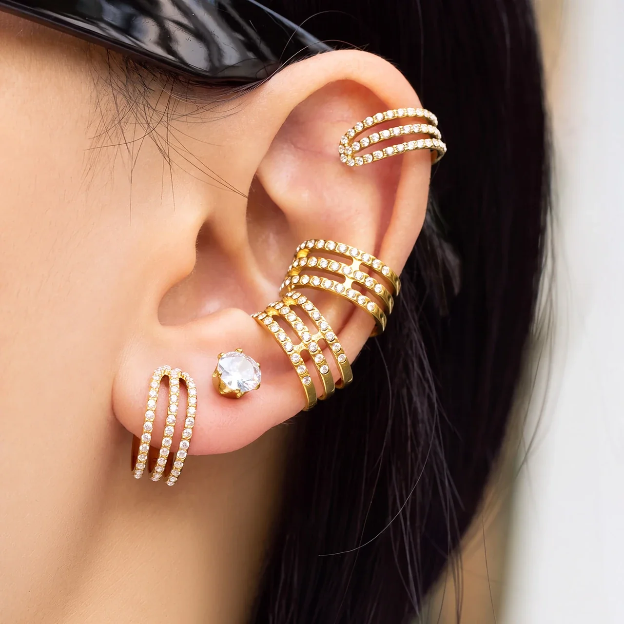 Ear Cuff Triple-Row Cubic Zirconia 18K Gold-Plated Stainless Steel