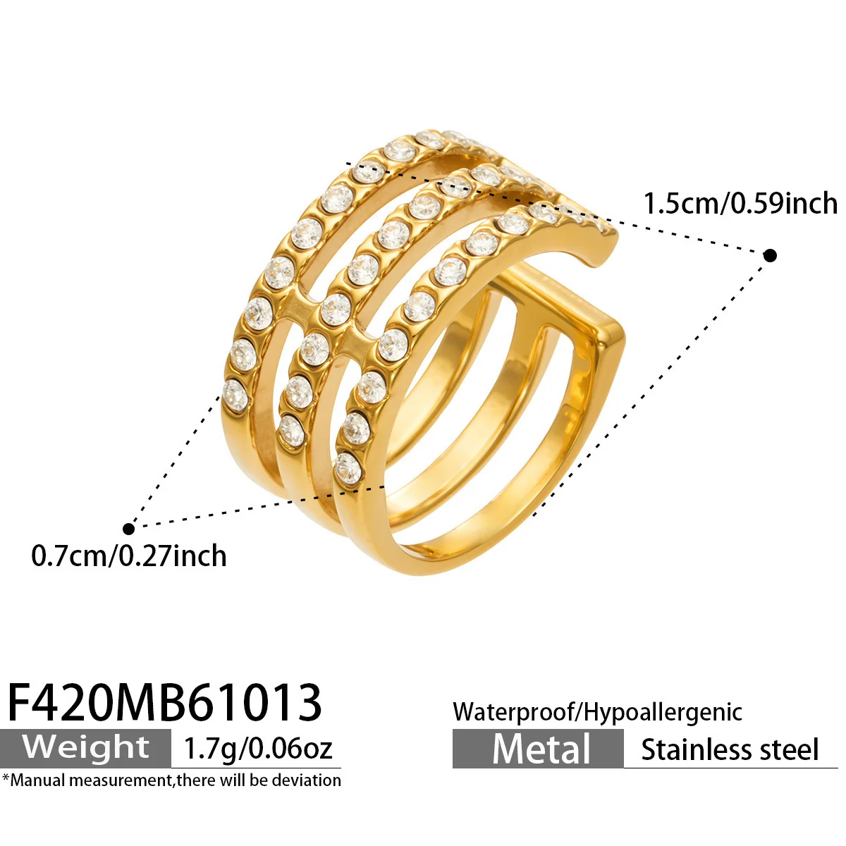 Ear Cuff Triple-Row Cubic Zirconia 18K Gold-Plated Stainless Steel - Dimensions