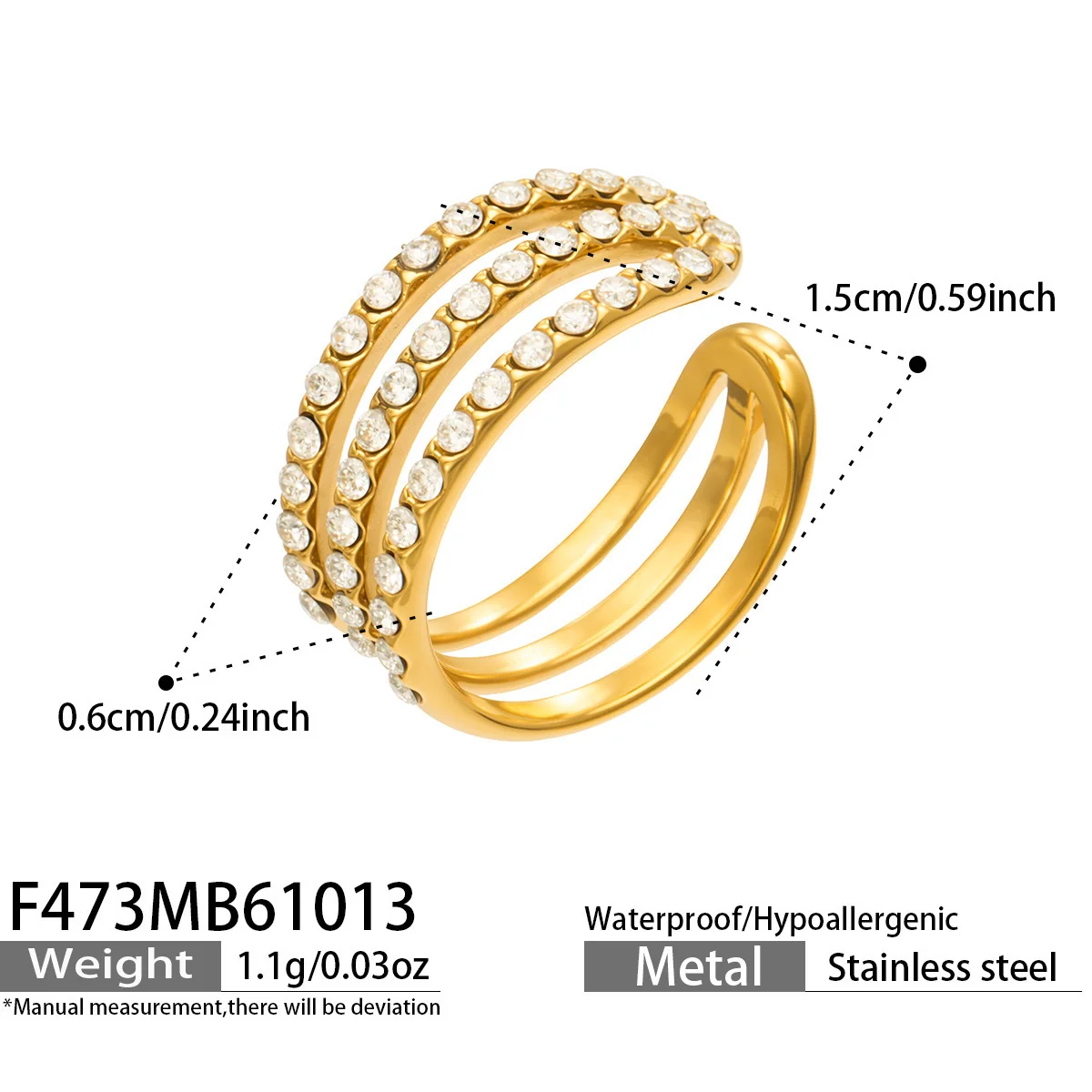 Ear Cuff Triple-Row Cubic Zirconia 18K Gold-Plated Stainless Steel - Dimensions