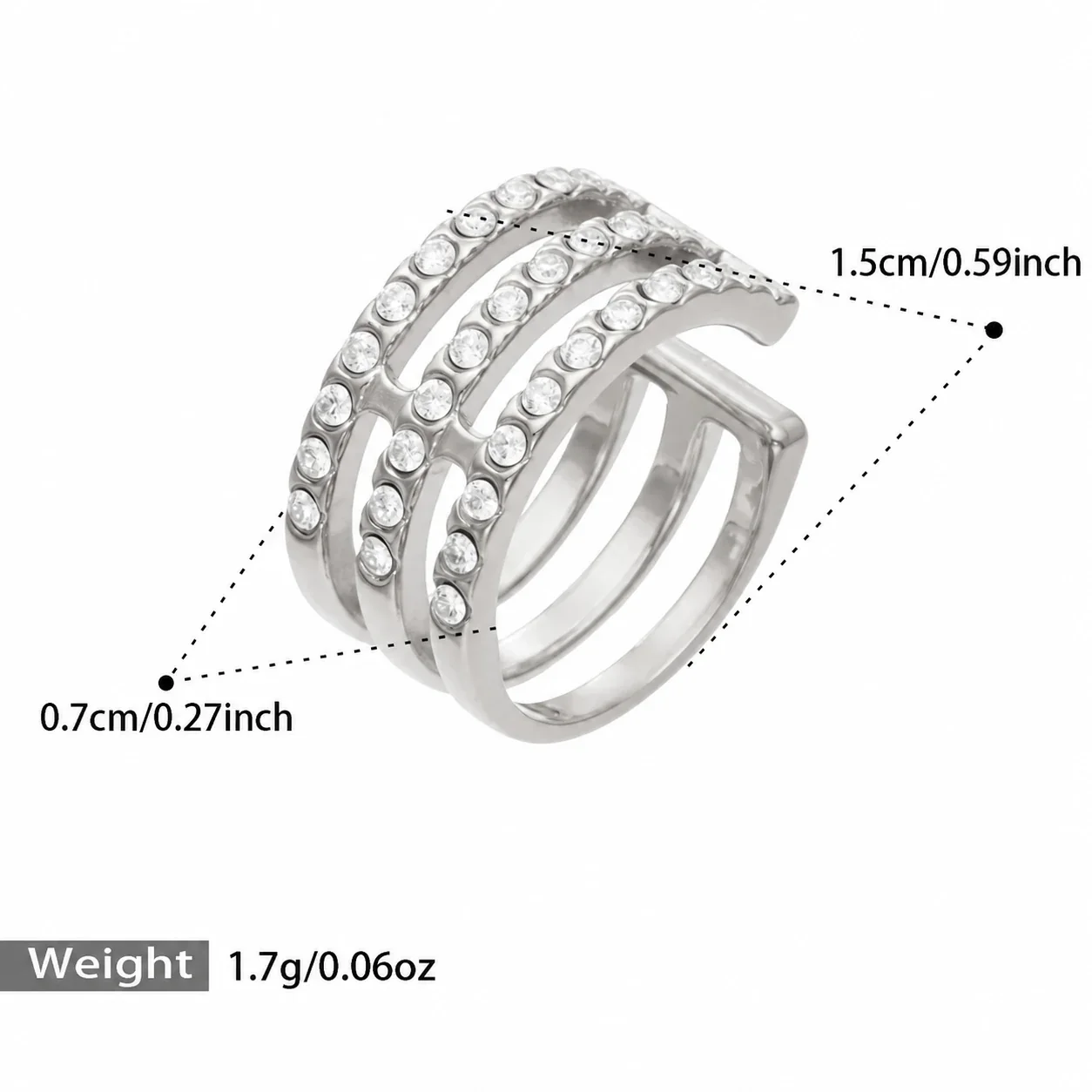 Ear Cuff Triple-Row Cubic Zirconia 18K Gold-Plated Stainless Steel - Silver Triple-Row Cubic Zirconia Ear , Single Piece