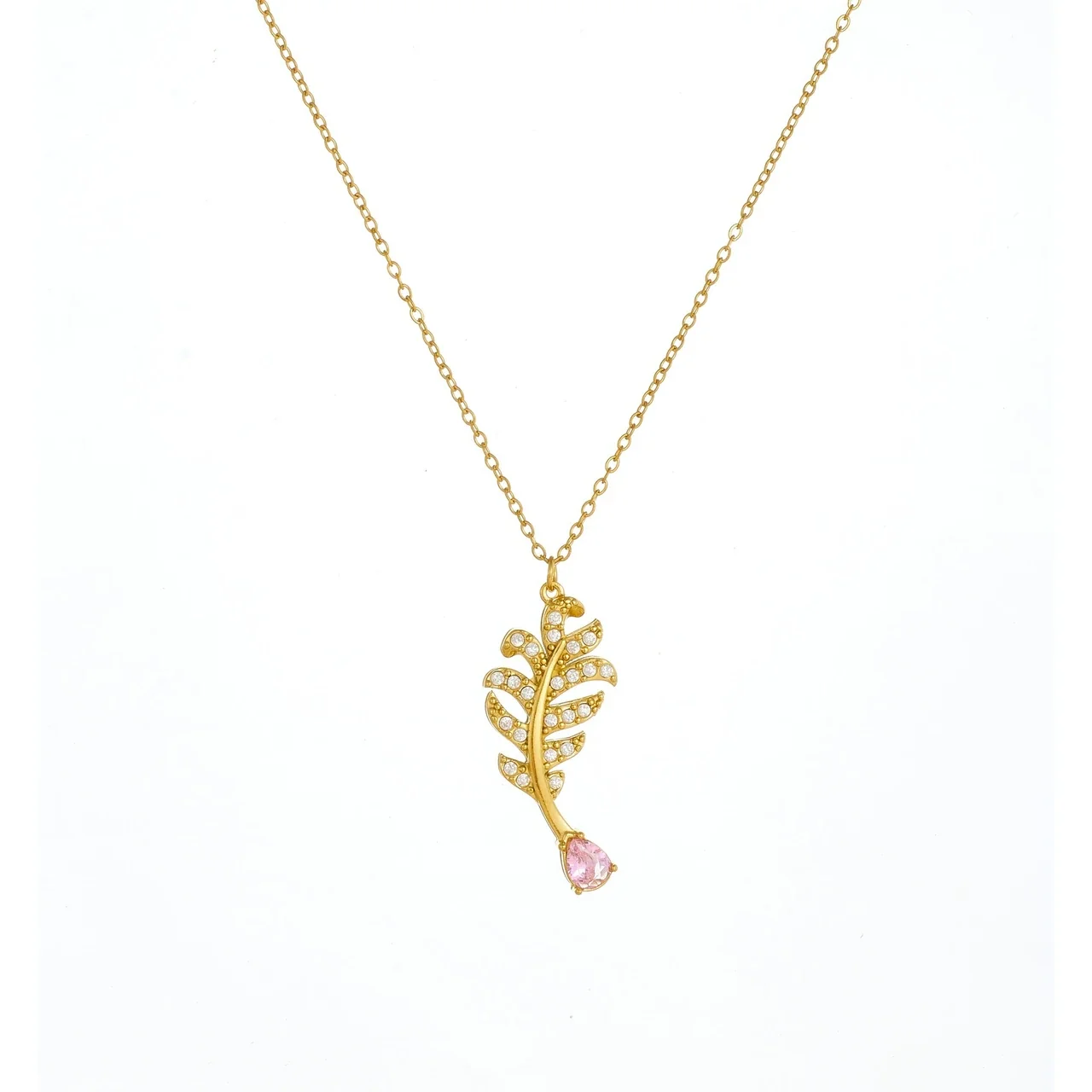 Ketting met bladhanger en druppelvormige kristallen, verguld staal