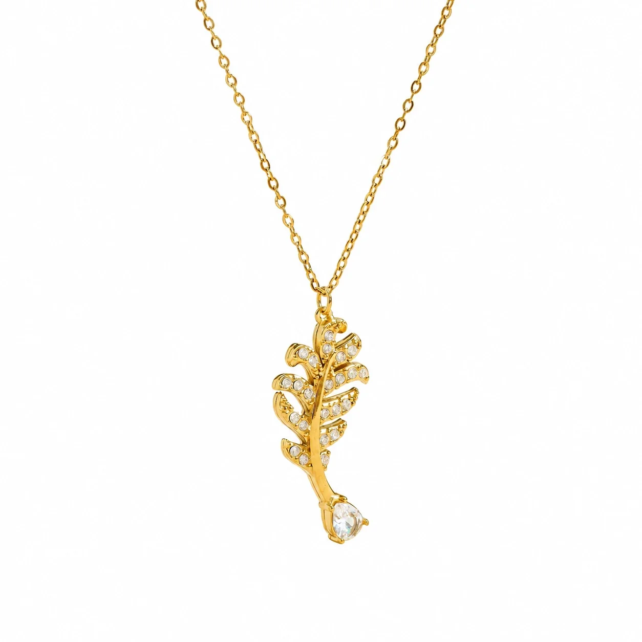 Ketting met bladhanger en druppelvormige kristallen, verguld staal productfoto