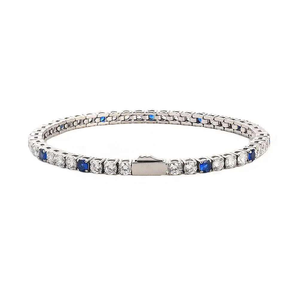 Blue Round Stone 18K Gold PVD 316 Stainless Steel Tennis Bracelet - Silver 3 mm Round Clear Blue