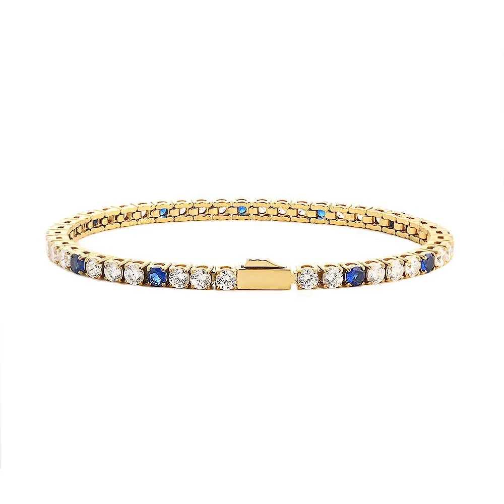 Blue Round Stone 18K Gold PVD 316 Stainless Steel Tennis Bracelet - Gold 3 mm Round Clear Blue