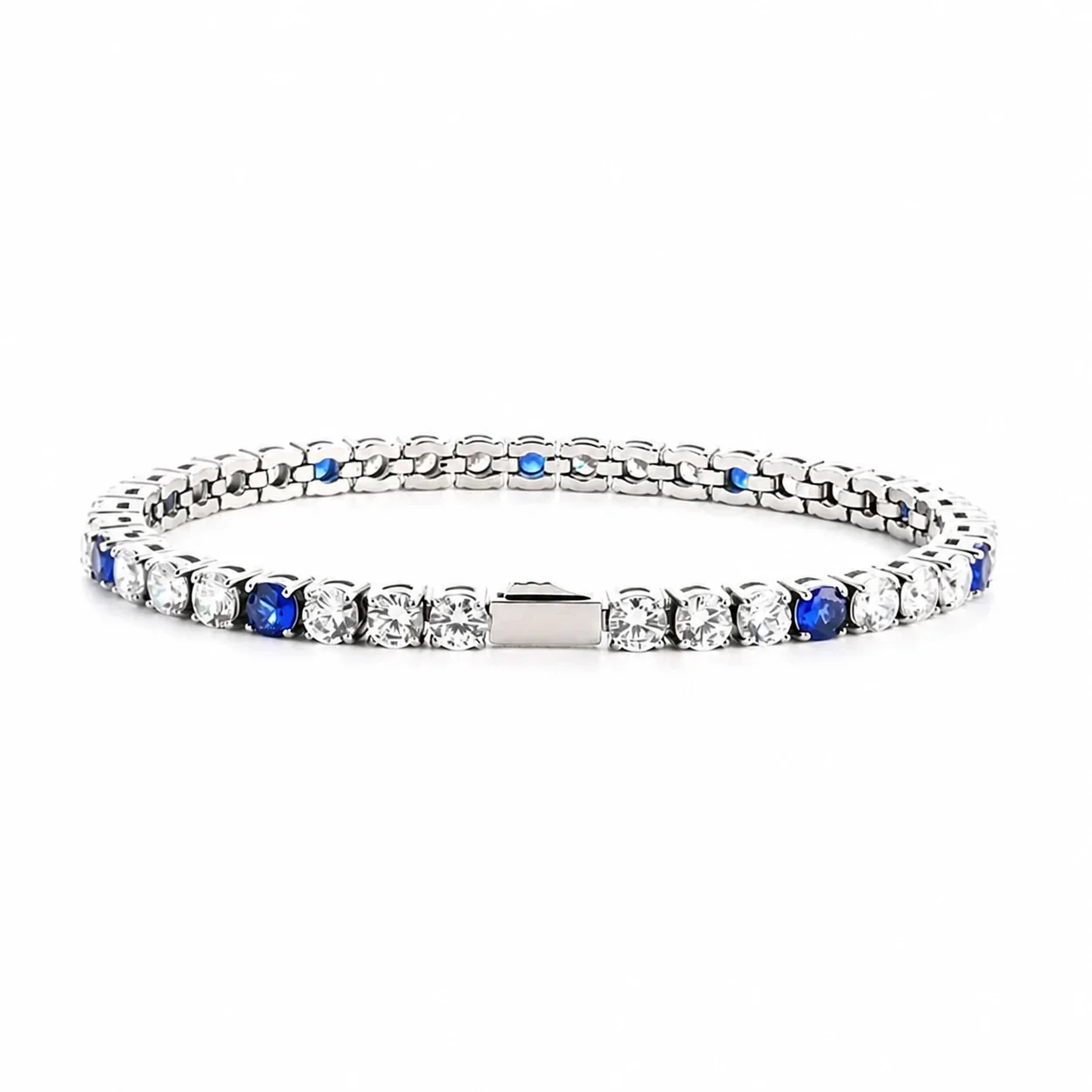 Blue Round Stone 18K Gold PVD 316 Stainless Steel Tennis Bracelet - Silver 4 mm Round Clear Blue