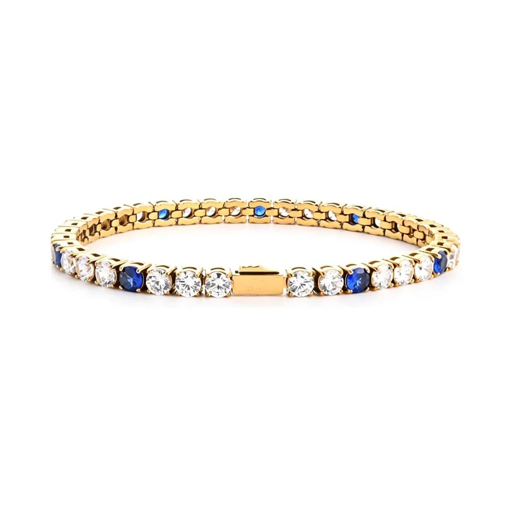Blue Round Stone 18K Gold PVD 316 Stainless Steel Tennis Bracelet - Gold 4 mm Round Clear Blue