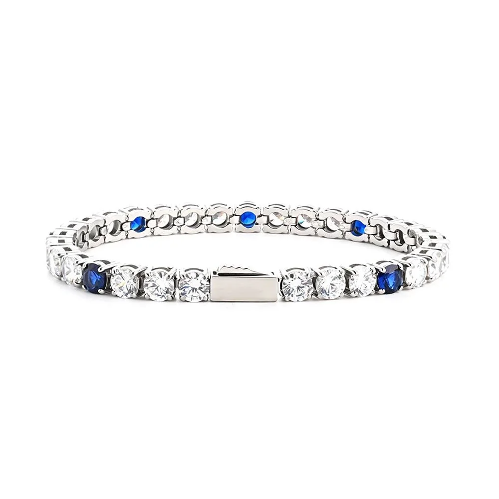 Blue Round Stone 18K Gold PVD 316 Stainless Steel Tennis Bracelet - Silver 5 mm Round Clear Blue