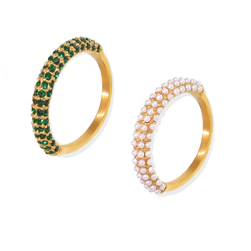 Refined Gold PVD Pavé CZ and Pearl-Effect Stacking Ring