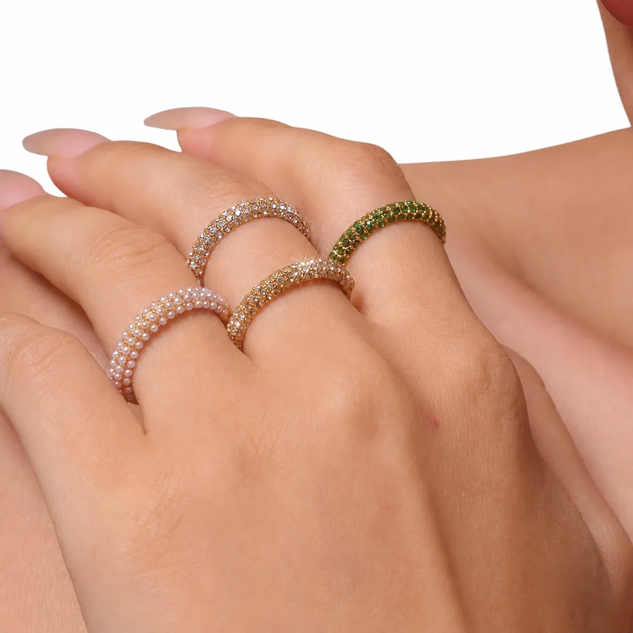 Refined Gold PVD Pavé CZ and Pearl-Effect Stacking Ring