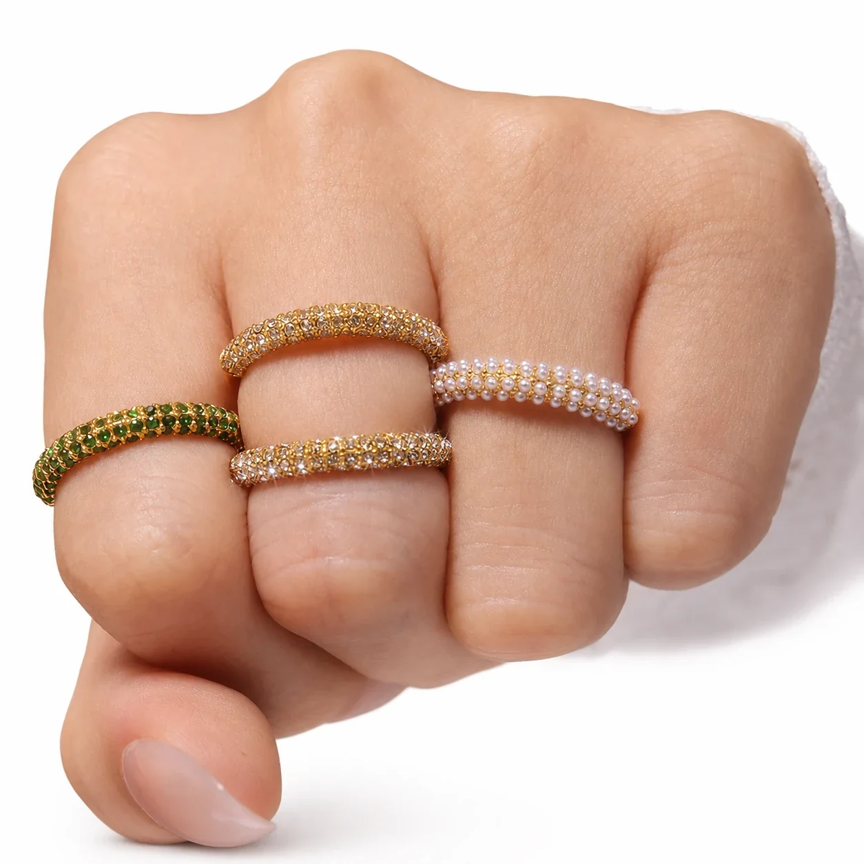 Refined Gold PVD Pavé CZ and Pearl-Effect Stacking Ring