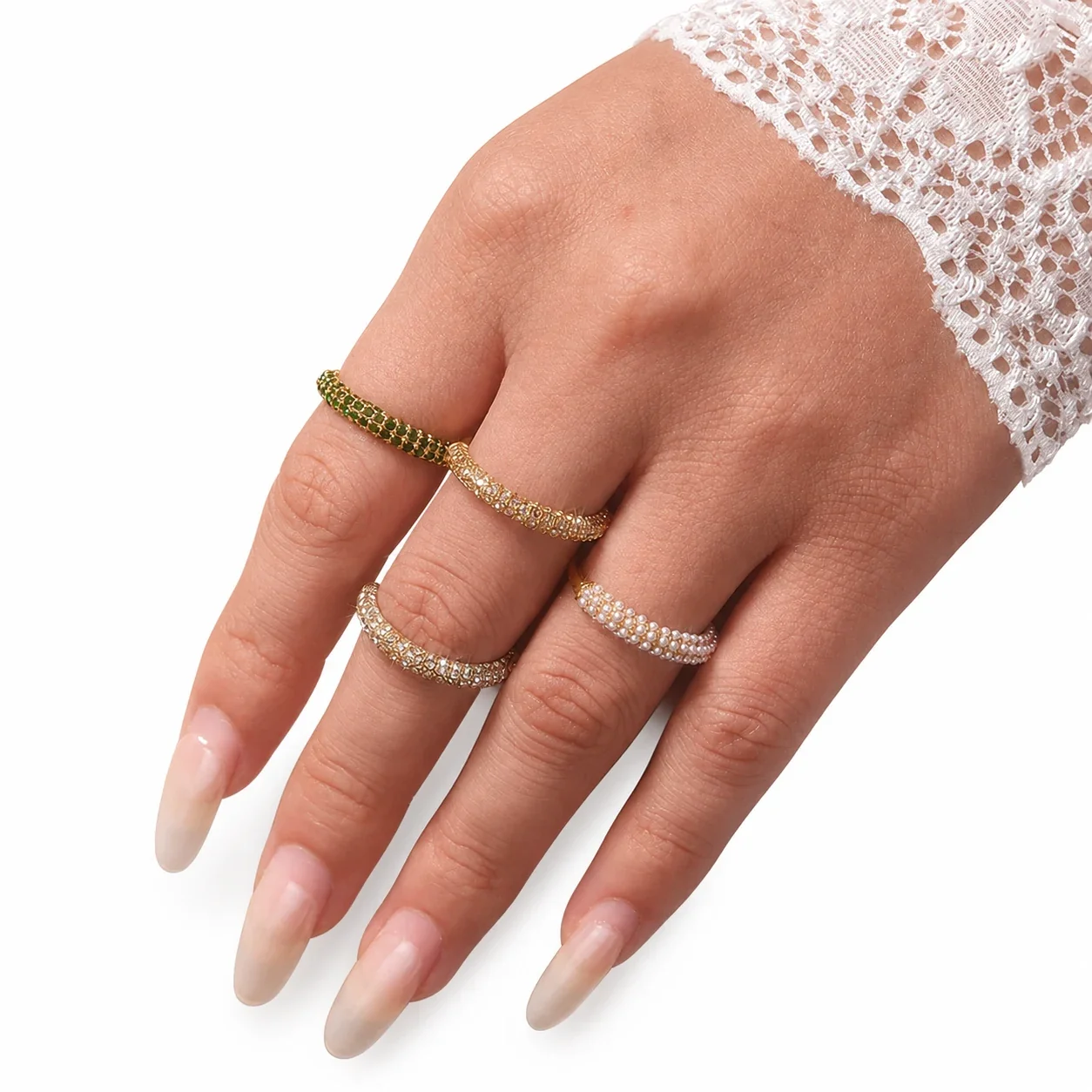 Refined Gold PVD Pavé CZ and Pearl-Effect Stacking Ring
