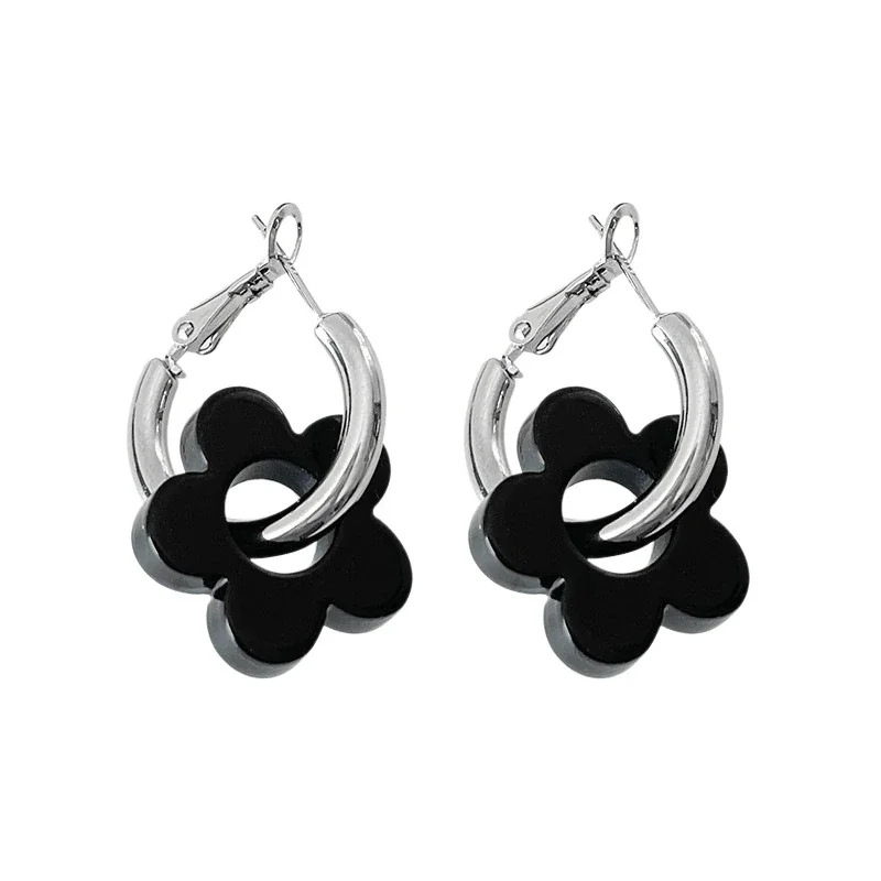 Graphic Stainless Steel Black Flower Hoop Earrings