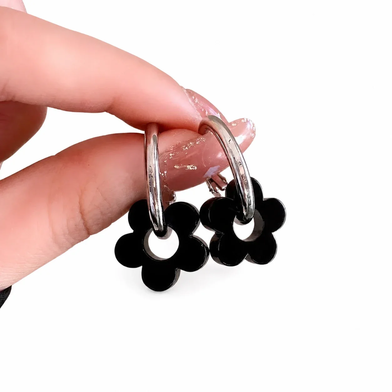 Graphic Stainless Steel Black Flower Hoop Earrings