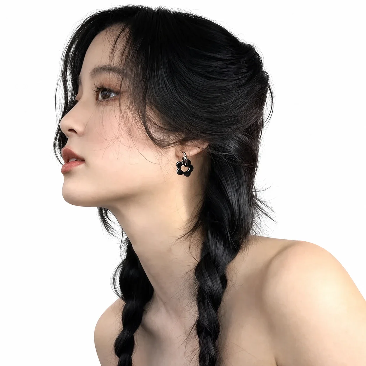 Graphic Stainless Steel Black Flower Hoop Earrings