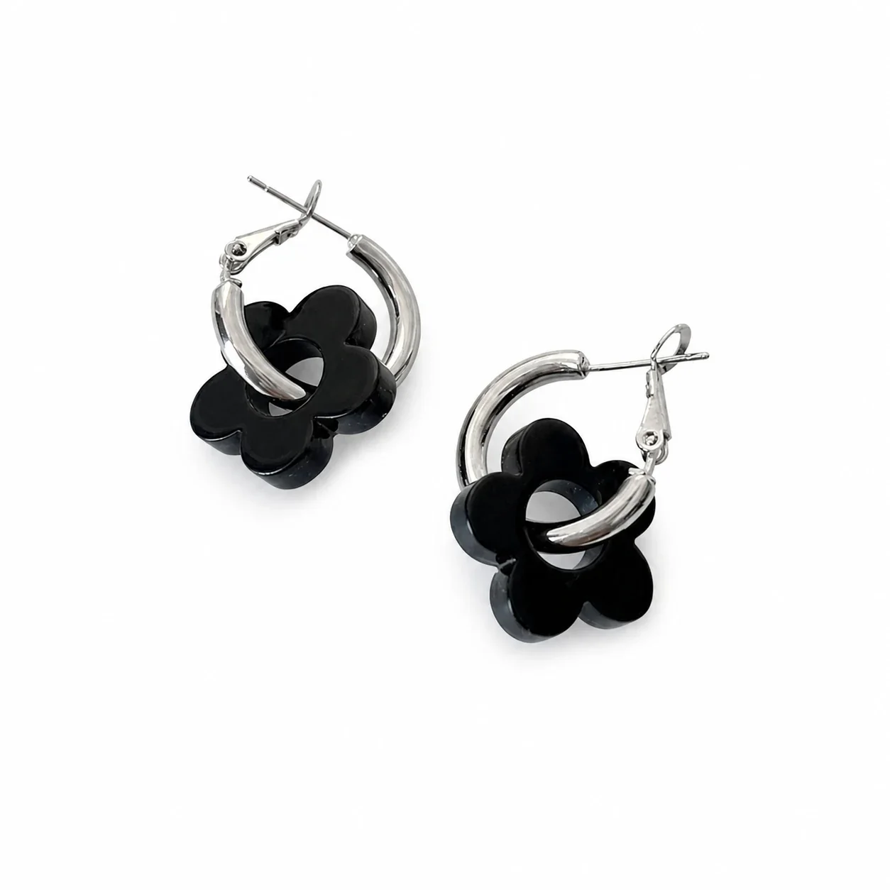 Graphic Stainless Steel Black Flower Hoop Earrings - Silver