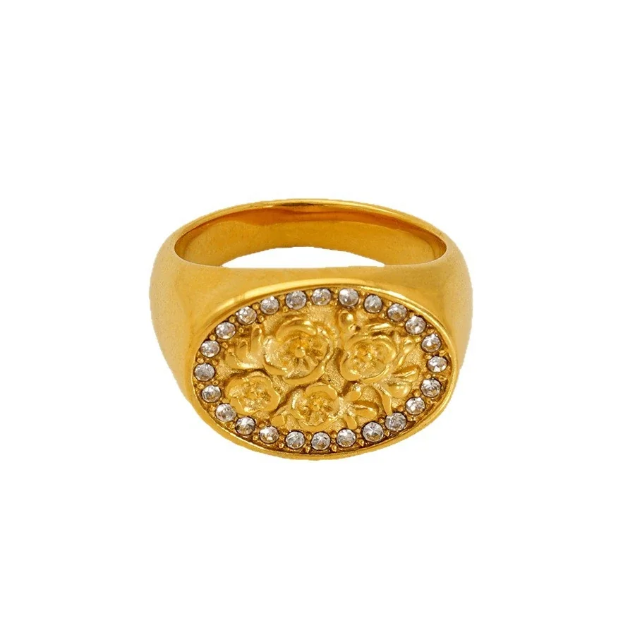 Ornate Gold-Plated Oval Floral Pavé Signet Ring