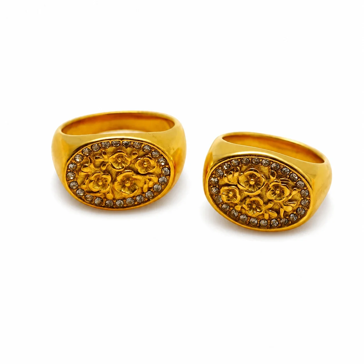 Ornate Gold-Plated Oval Floral Pavé Signet Ring