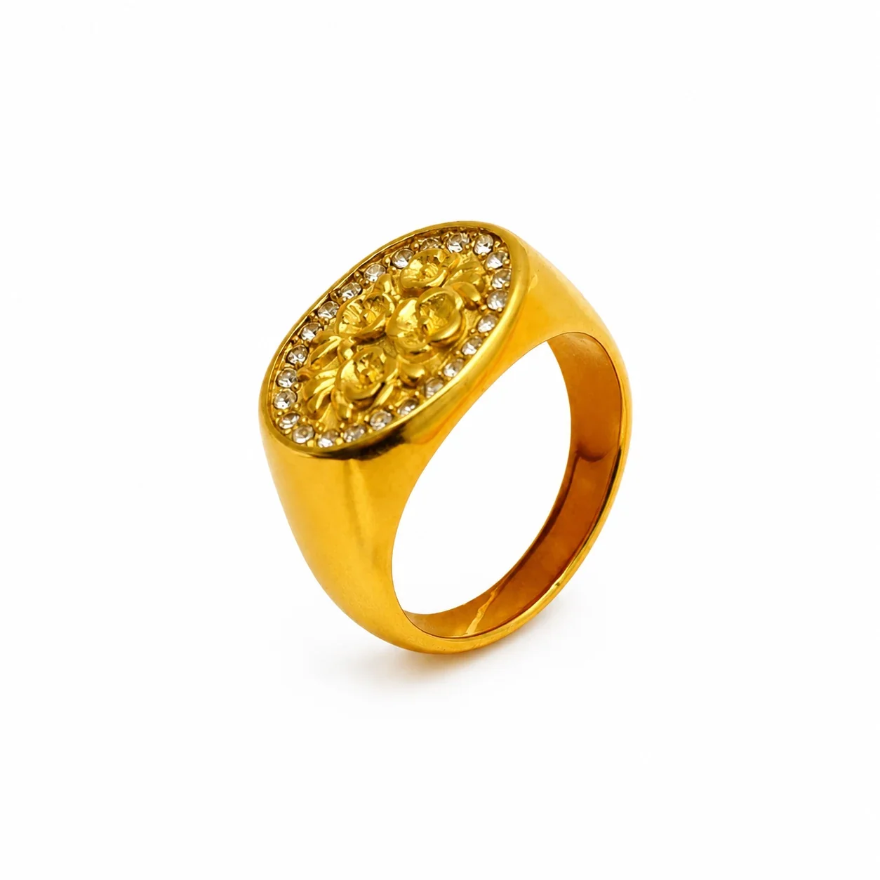 Ornate Gold-Plated Oval Floral Pavé Signet Ring