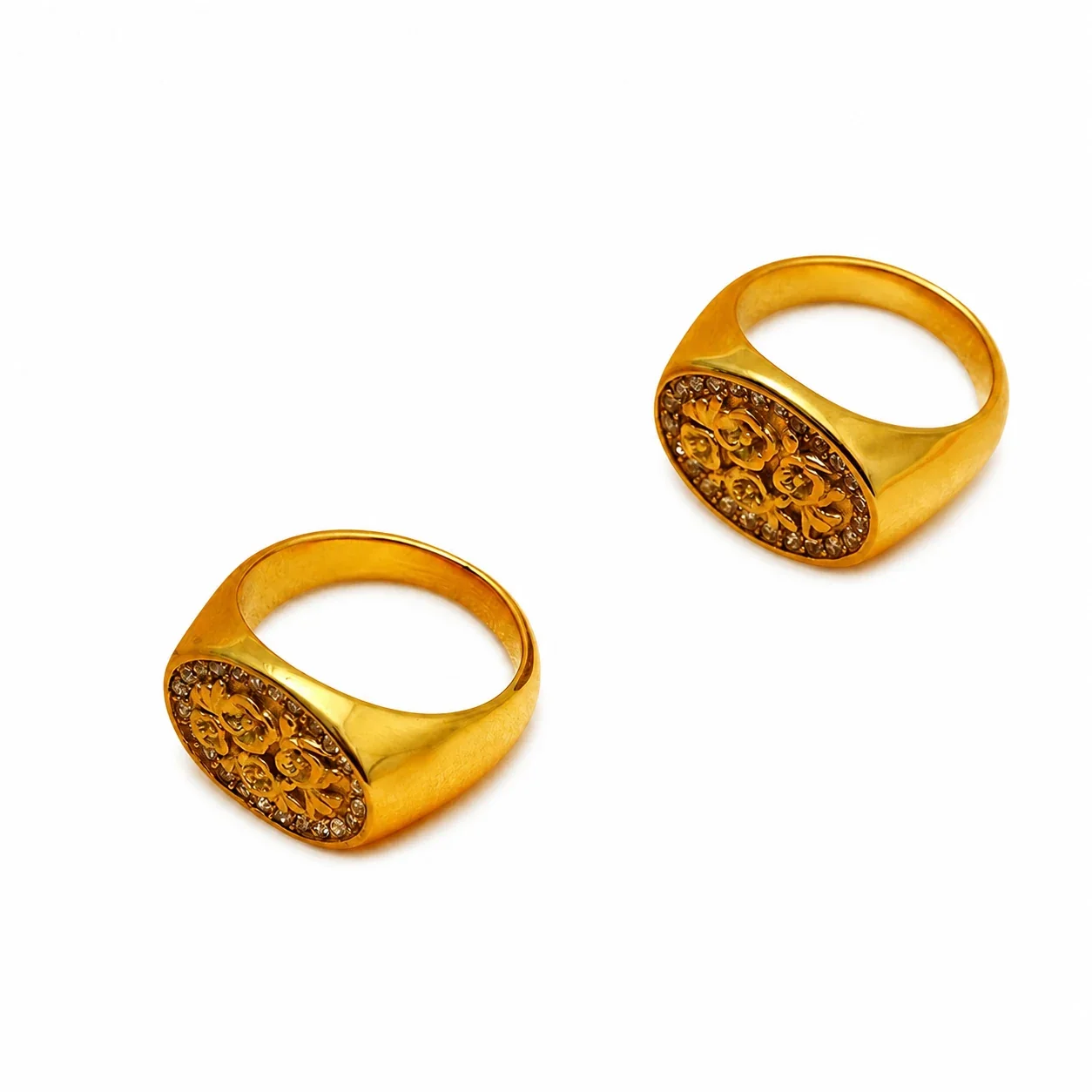 Ornate Gold-Plated Oval Floral Pavé Signet Ring