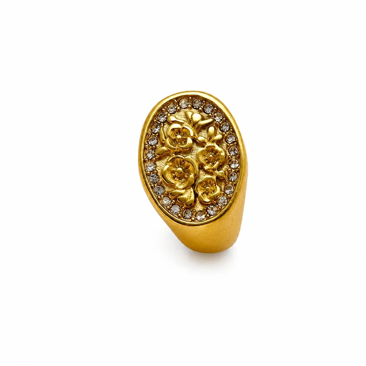 Ornate Gold-Plated Oval Floral Pavé Signet Ring