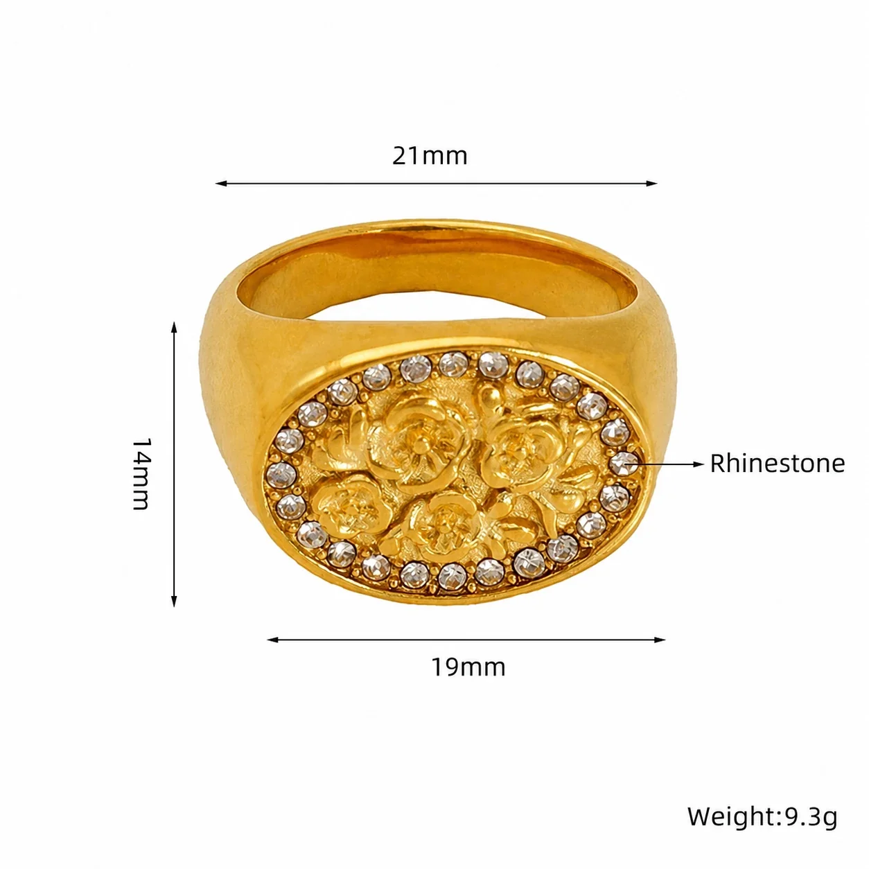 Ornate Gold-Plated Oval Floral Pavé Signet Ring - Gold Size