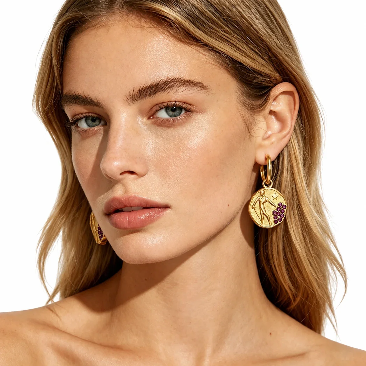 Celestial 18K Gold-Plated Coin Charm Hoop Earrings