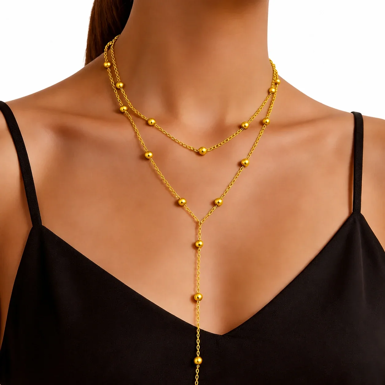 Layered Bead Y Necklace 316 Stainless Steel PVD