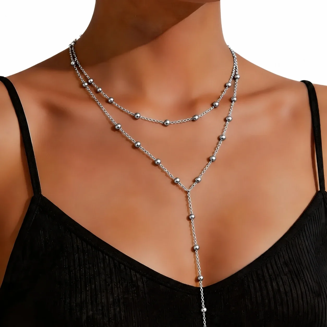 Layered Bead Y Necklace 316 Stainless Steel PVD