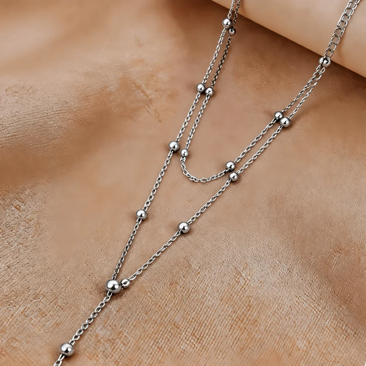 Layered Bead Y Necklace 316 Stainless Steel PVD - Silver