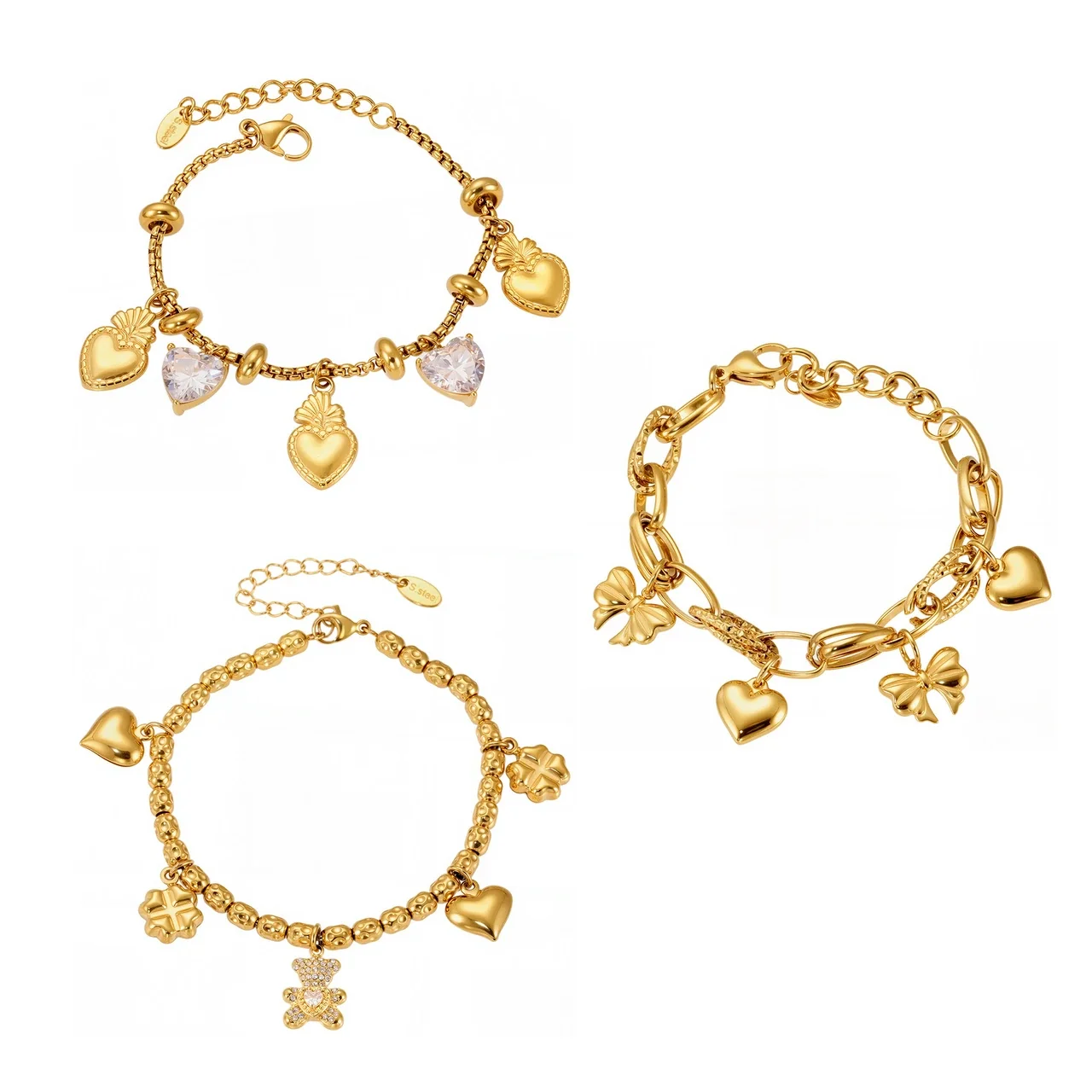 Playful 18K Gold-Plated Heart Bear Stainless Steel Bracelet