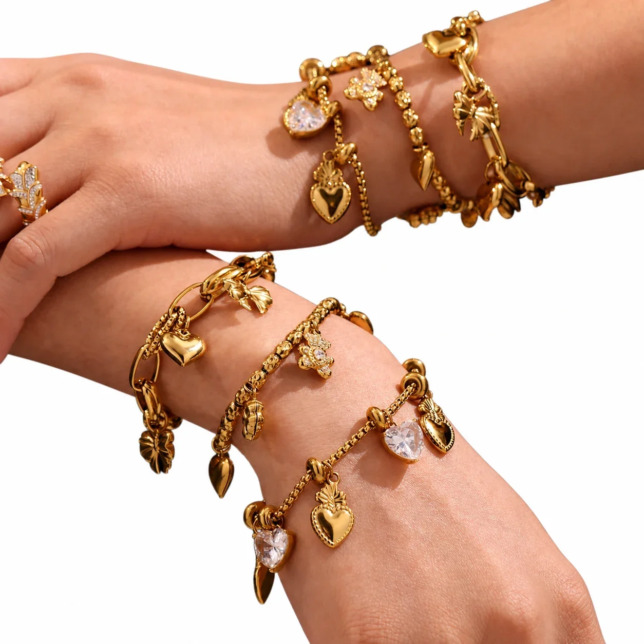 Playful 18K Gold-Plated Heart Bear Stainless Steel Bracelet