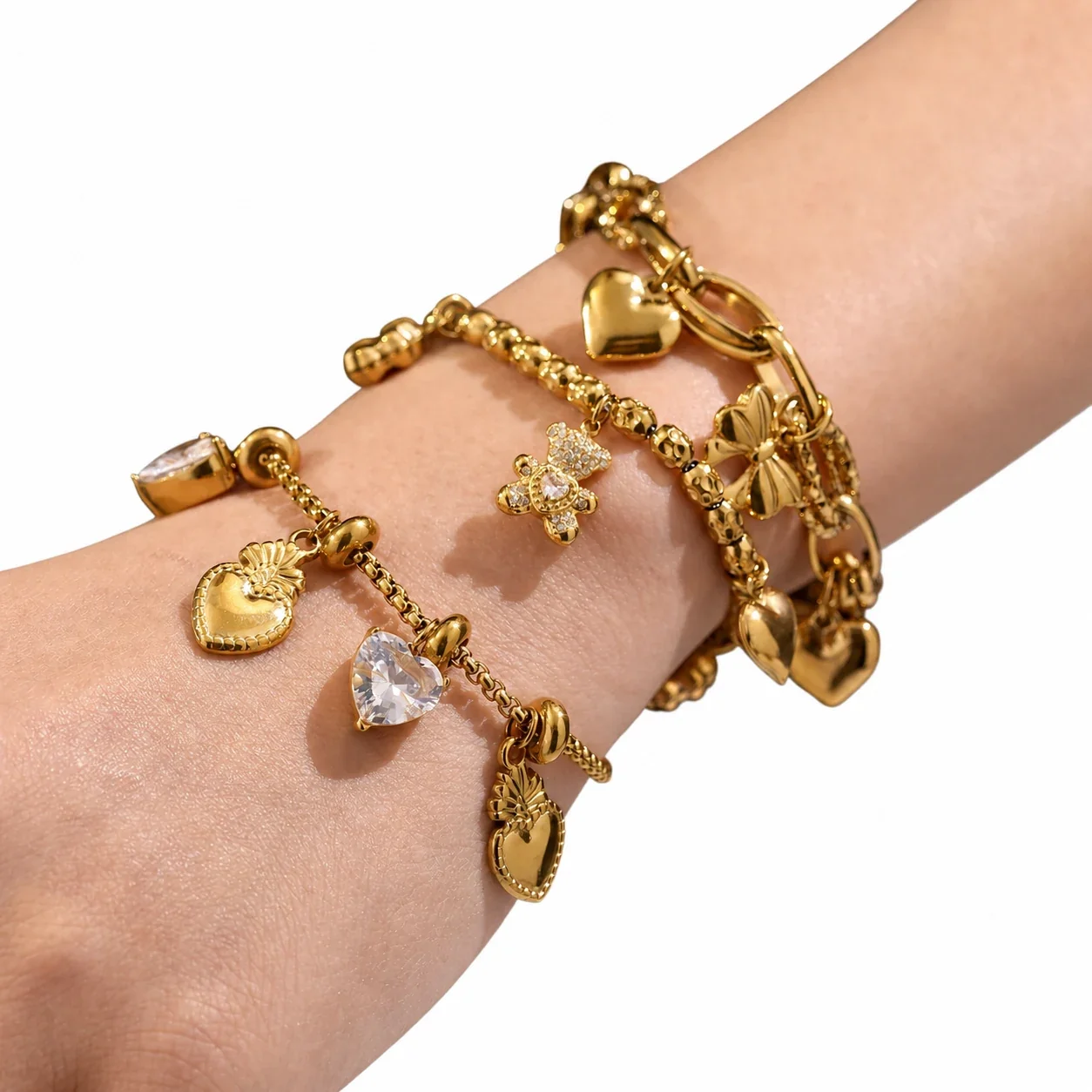 Playful 18K Gold-Plated Heart Bear Stainless Steel Bracelet