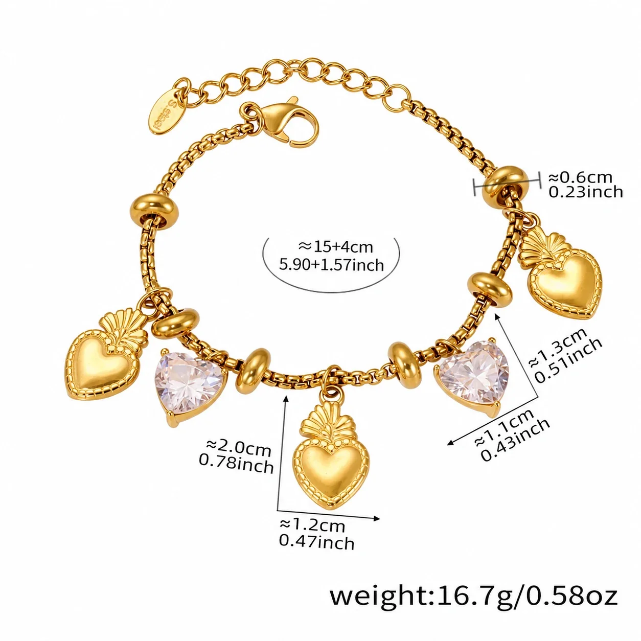 Playful 18K Gold-Plated Heart Bear Stainless Steel Bracelet - Gold DIY Multi-Charm + cm