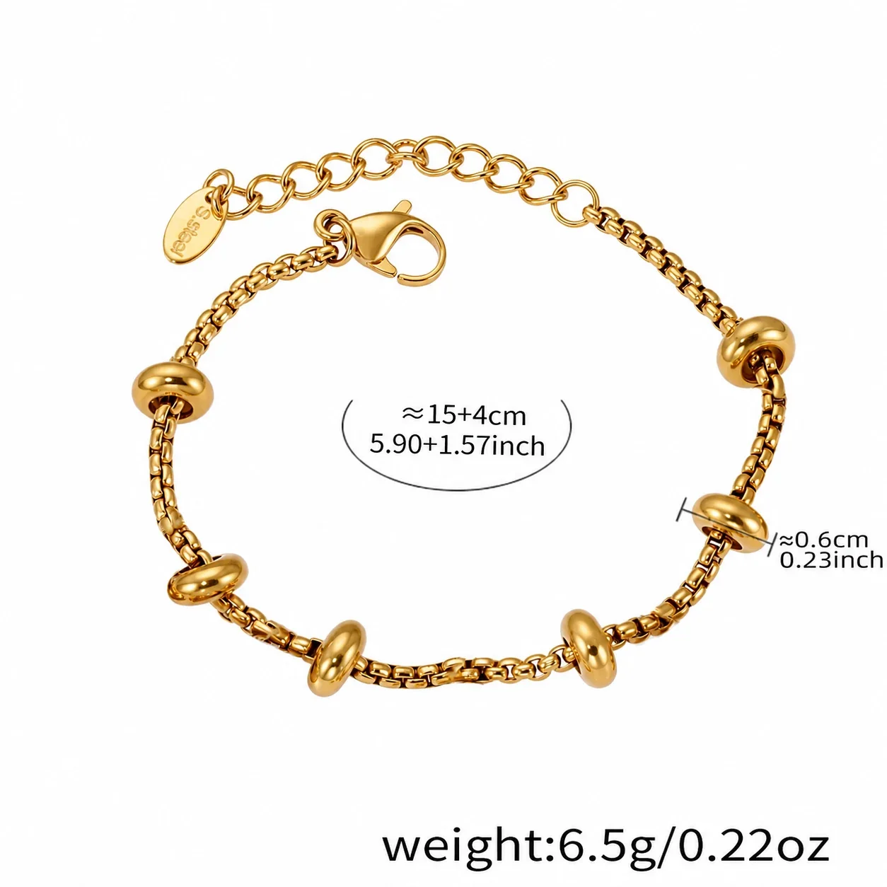 Playful 18K Gold-Plated Heart Bear Stainless Steel Bracelet - Gold Bead + cm