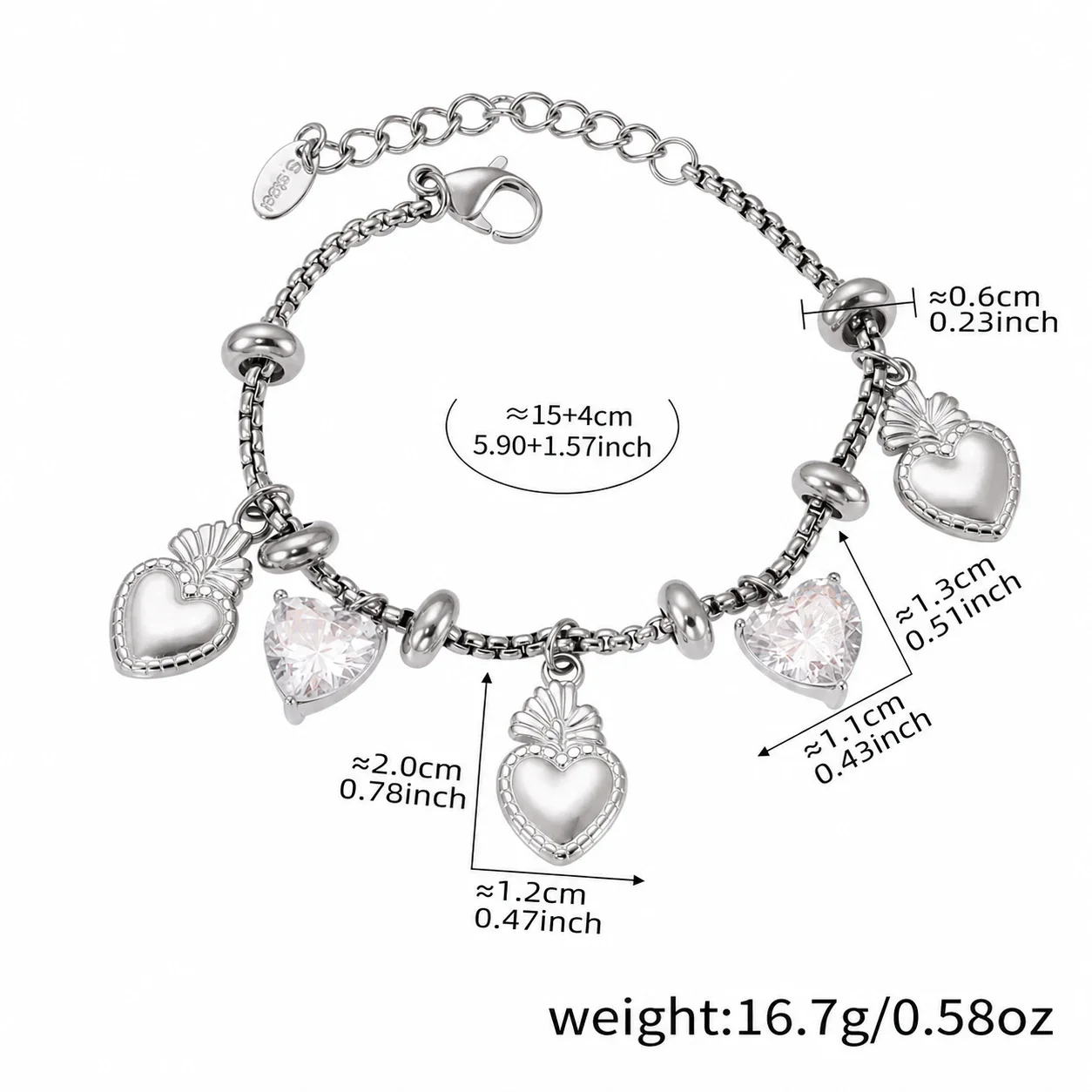 Playful 18K Gold-Plated Heart Bear Stainless Steel Bracelet - Silver DIY Multi-Charm + cm