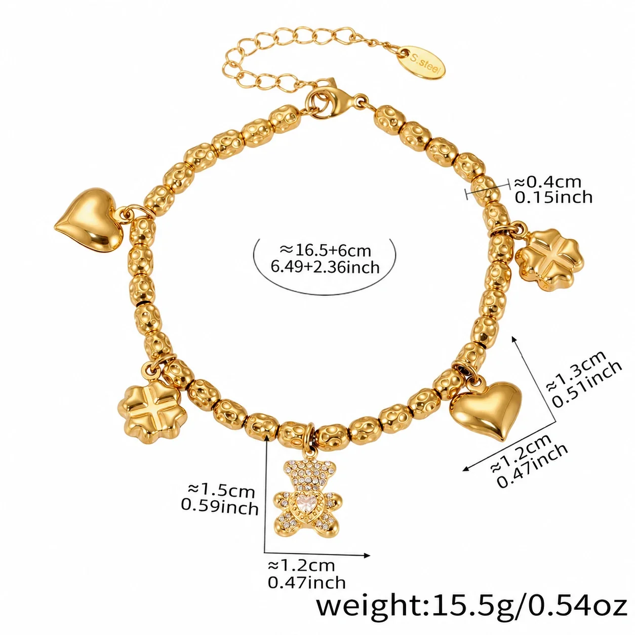 Playful 18K Gold-Plated Heart Bear Stainless Steel Bracelet - Gold DIY Multi-Charm . + cm