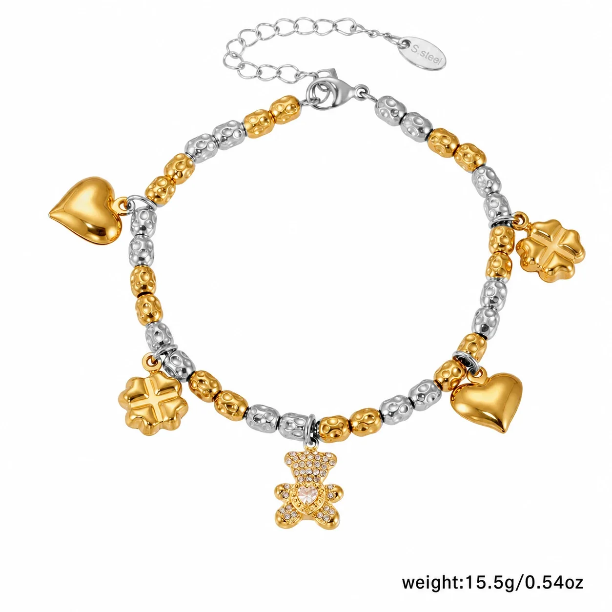 Playful 18K Gold-Plated Heart Bear Stainless Steel Bracelet - Tone DIY Multi-Charm . + cm