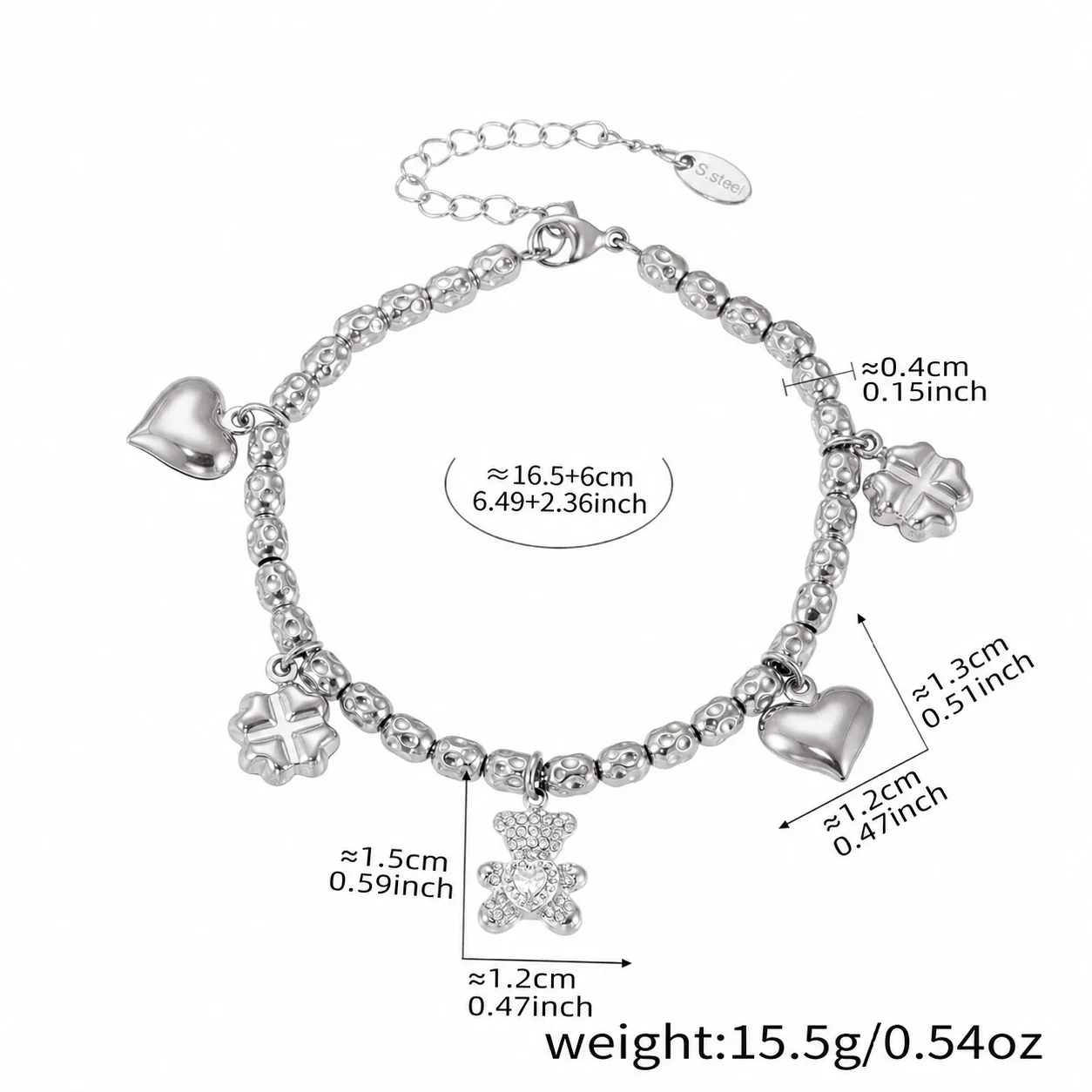 Playful 18K Gold-Plated Heart Bear Stainless Steel Bracelet - Silver DIY Multi-Charm . + cm