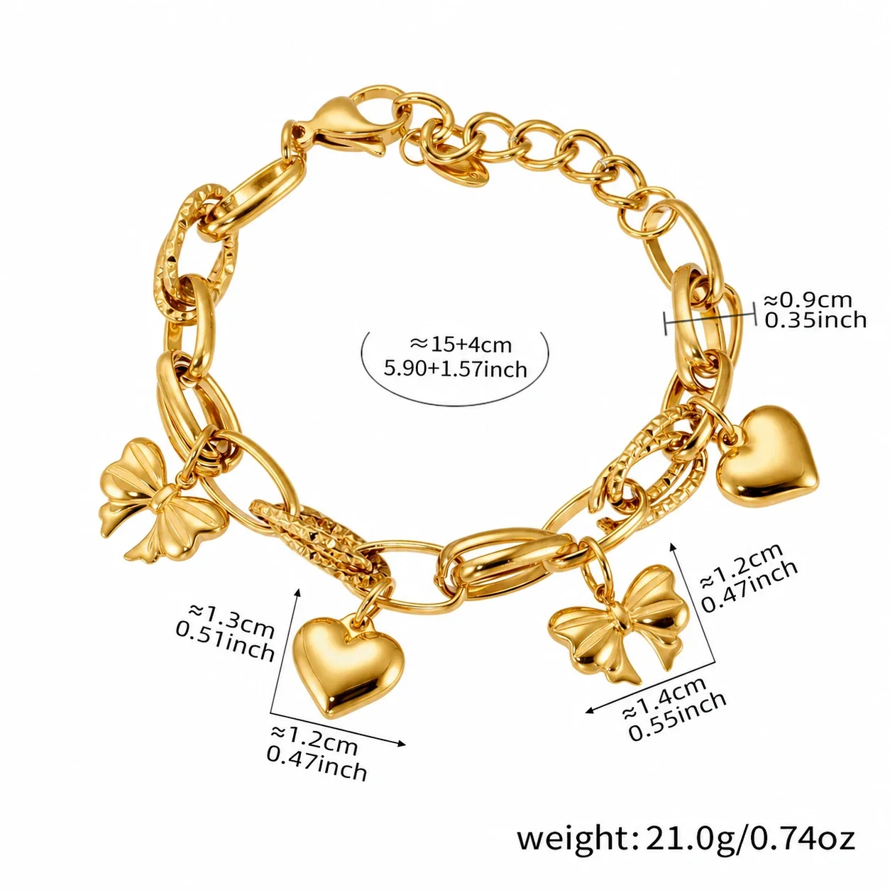 Playful 18K Gold-Plated Heart Bear Stainless Steel Bracelet - Gold DIY Multi-Charm + cm Large